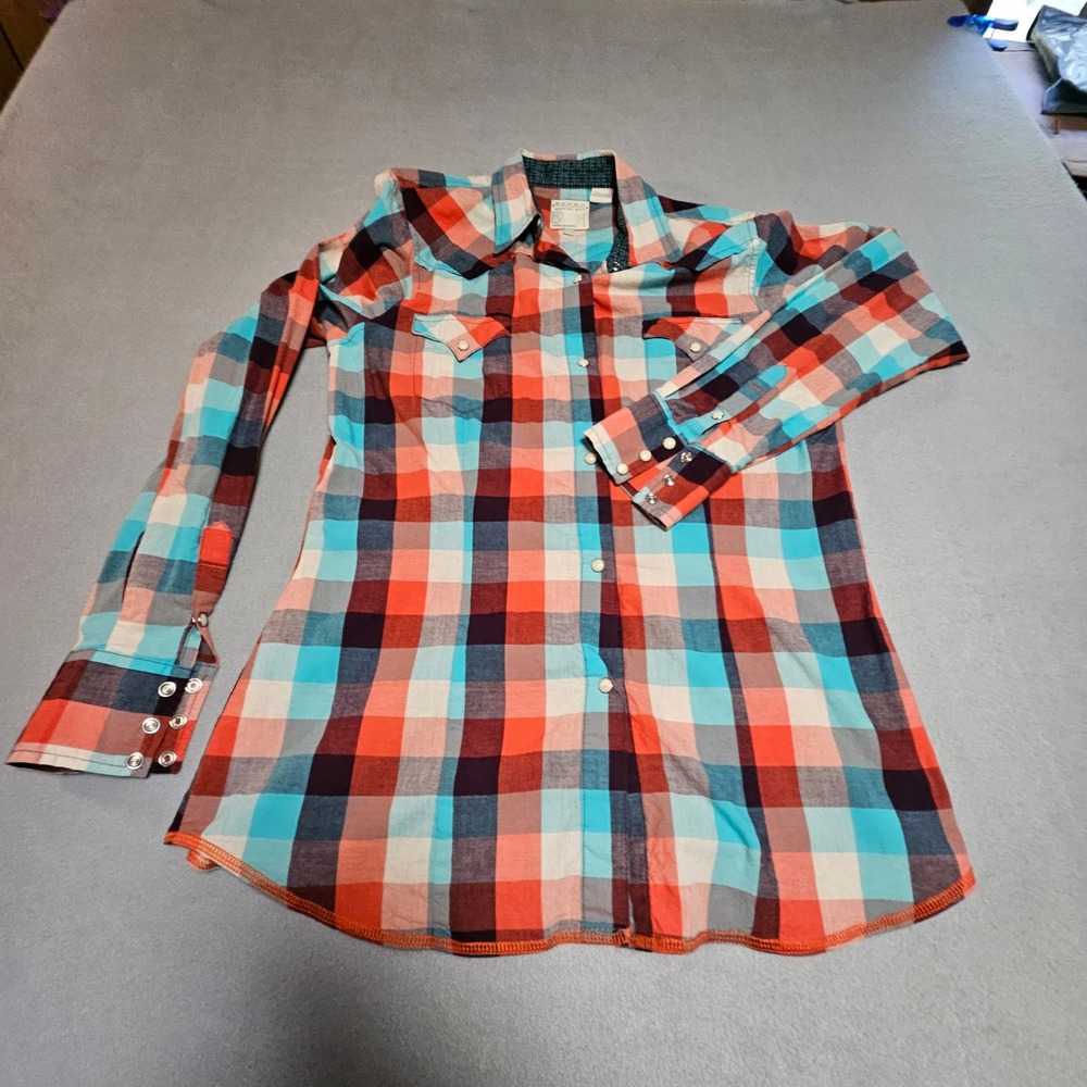 Roper Womens Plaid Western Snap Shirt Orange Turquoise Long Sleeve Size M